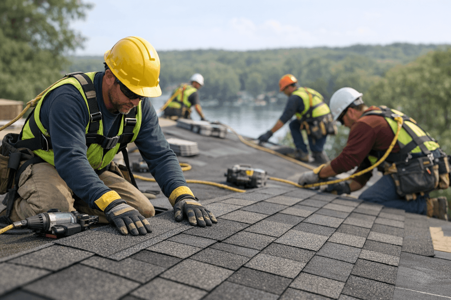 Wide view of a roofing crew installing new shingles on a home in Green Lake, WI