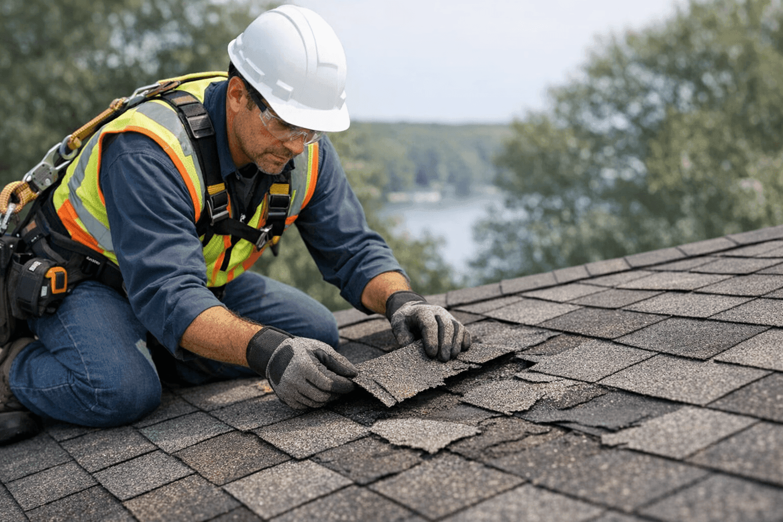 Roofing contractor inspecting storm-damaged shingles on a residential roof in Green Lake, WI