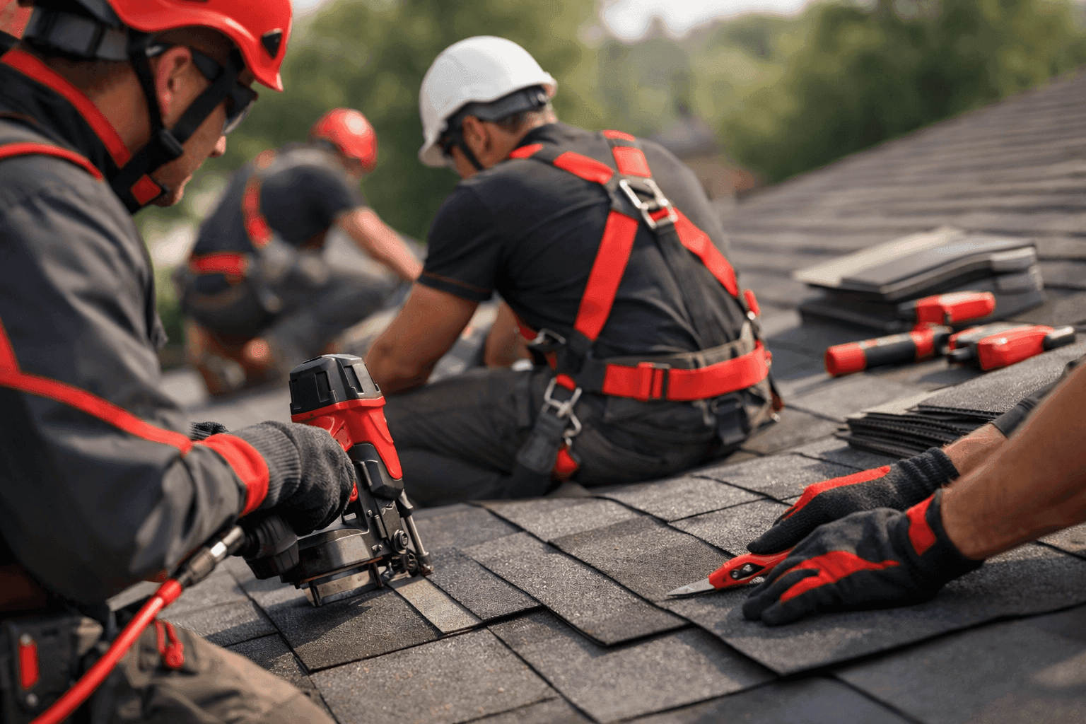 Professional roofing crew working on a clean residential roof wearing safety gear