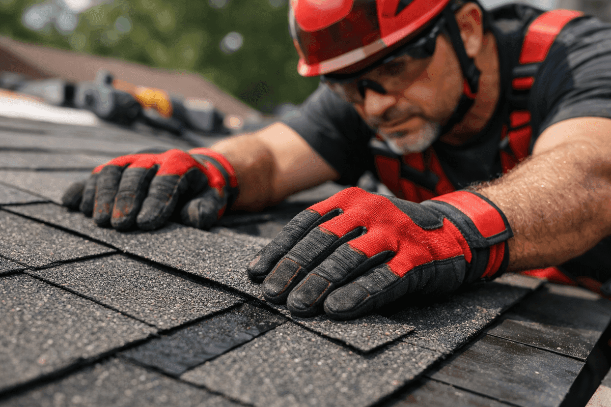 Close-up of roofer’s gloved hands aligning asphalt shingles on a new roof