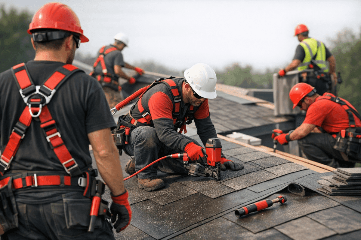Close-up of roofer’s gloved hands aligning asphalt shingles on a new roof